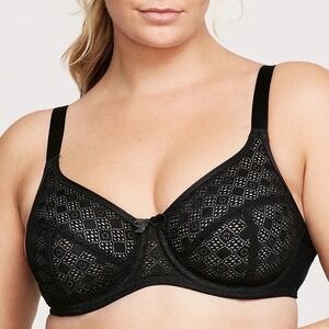 Glamorise Lace Comfort Wonderwire Bra Womens 46C Black Stretch Cushioned Unlined